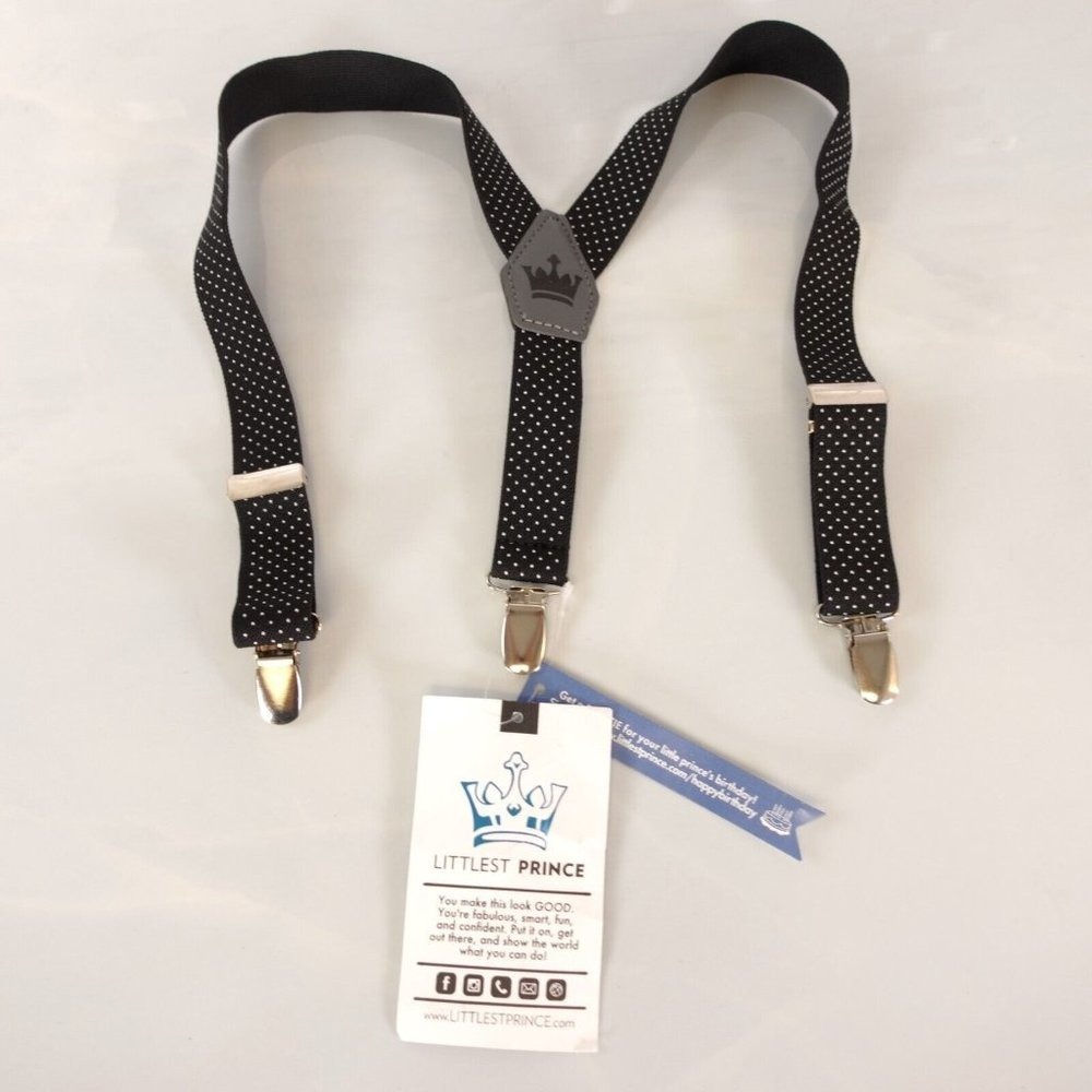 NWT LITTLEST PRINCE Boy Leather Black White‎ Y Back Suspenders Polka Dot Clip